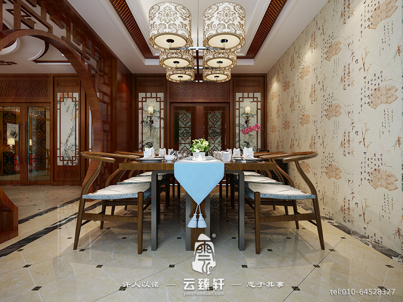 帶有圓光罩的中式餐廳裝修效果圖