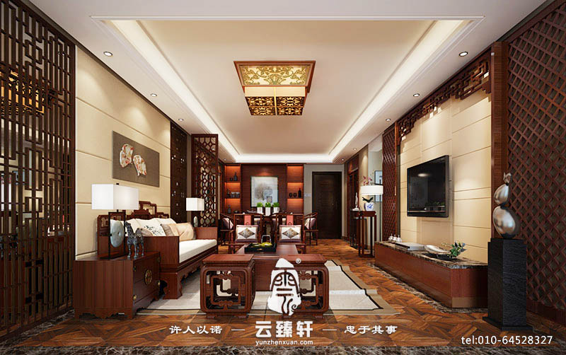 中式客廳鏤空木格紋背景墻裝修設(shè)計