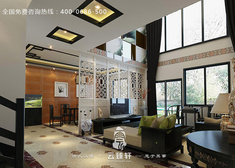 以黑白調(diào)為主的別墅中式客廳裝修效果圖