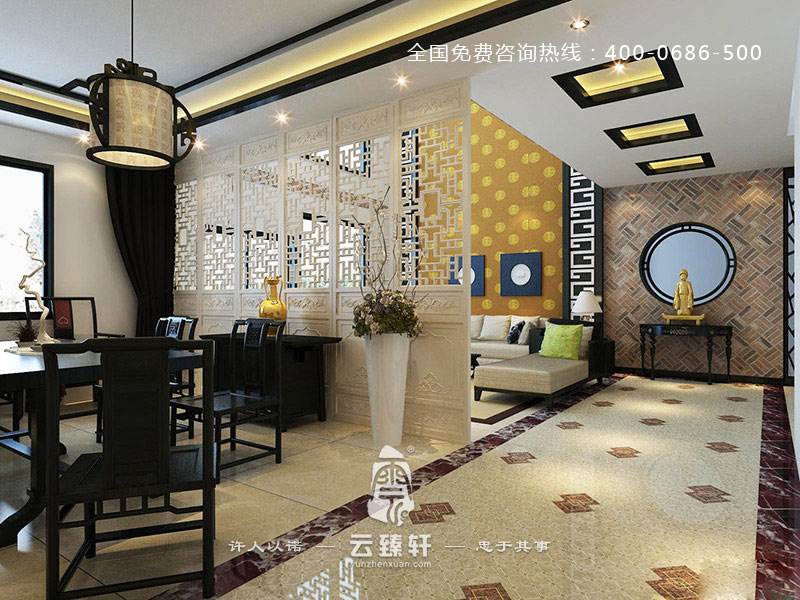 以黑白調(diào)為主的別墅中式客廳過道裝修效果圖