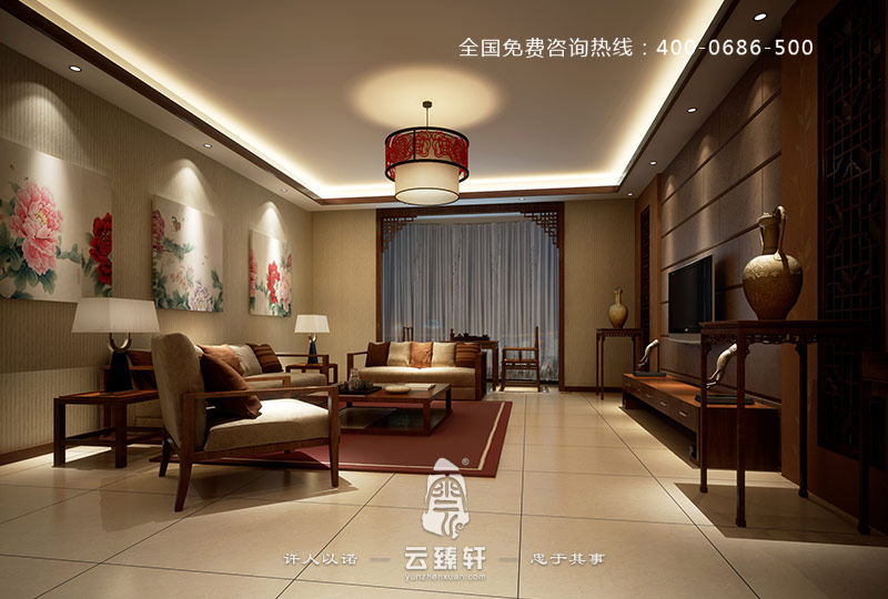 帶有紅色的中式吊燈的客廳裝修效果圖