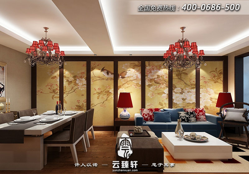 中式客廳鳥語花香屏風(fēng)效果圖