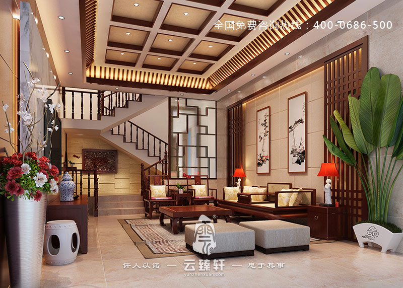 中式仿古客廳裝修效果圖側面視角