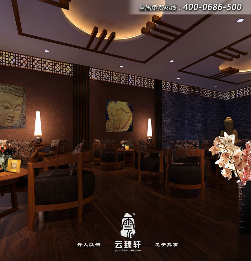 足桶天下養生會所的大堂古樸雅致、低調簡約