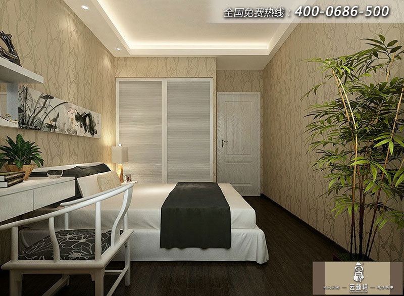 長輩房的裝飾色彩則比較沉穩、樸素，濃郁的東方禪意氣息隨之而來