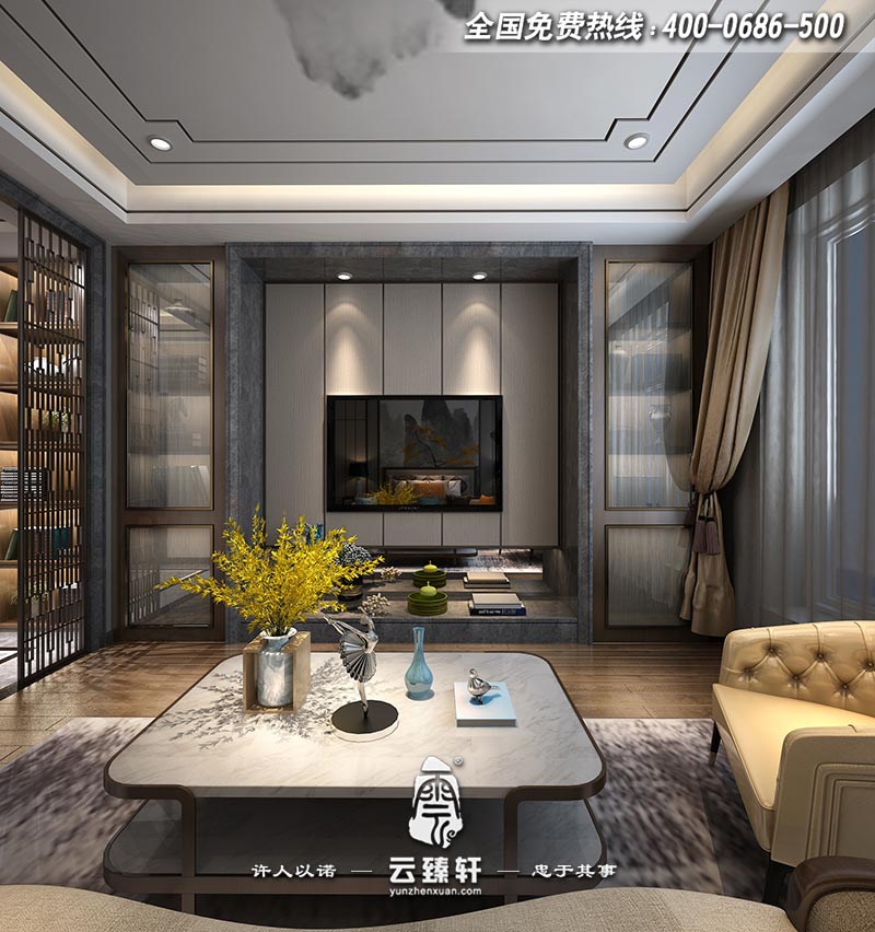 現代極簡中式臥室電視背景墻裝修效果圖