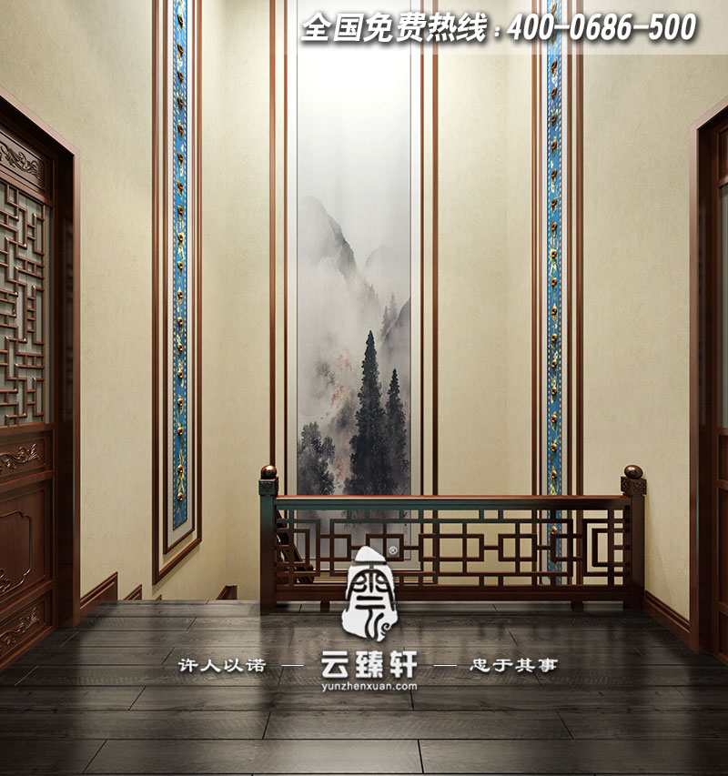 別墅三層樓梯間中式設(shè)計(jì)效果圖