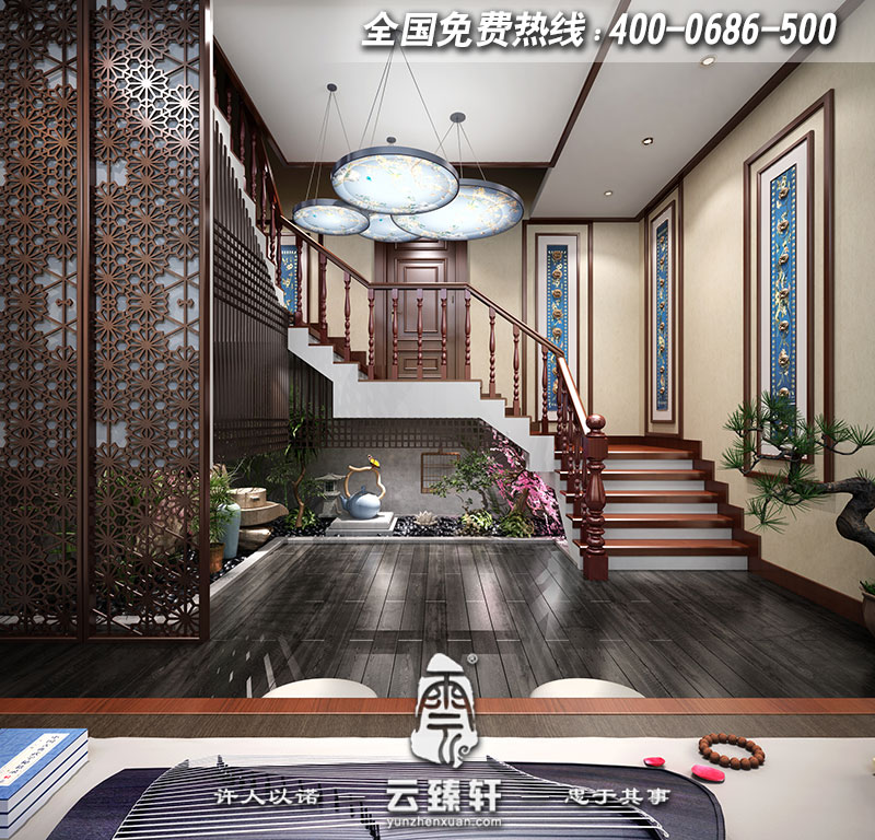 別墅地下室樓梯間中式設(shè)計(jì)圖片