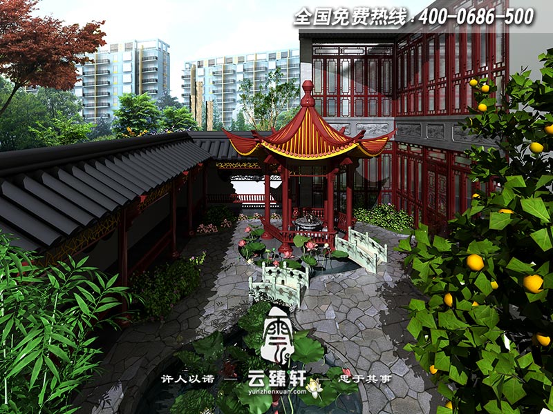 中式商務(wù)會所庭院設(shè)計效果圖